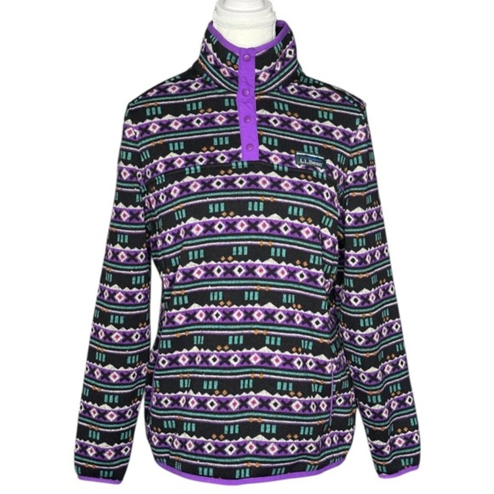 L.L.Bean Womens Fleece Geometric Print Purple Black Pullover Size Med‎ Petite